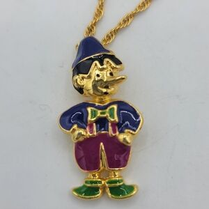 Pinocchio Colorful Enamel Pendant Necklace, Gold-Tone Rope Chain 80s 90s Vintage